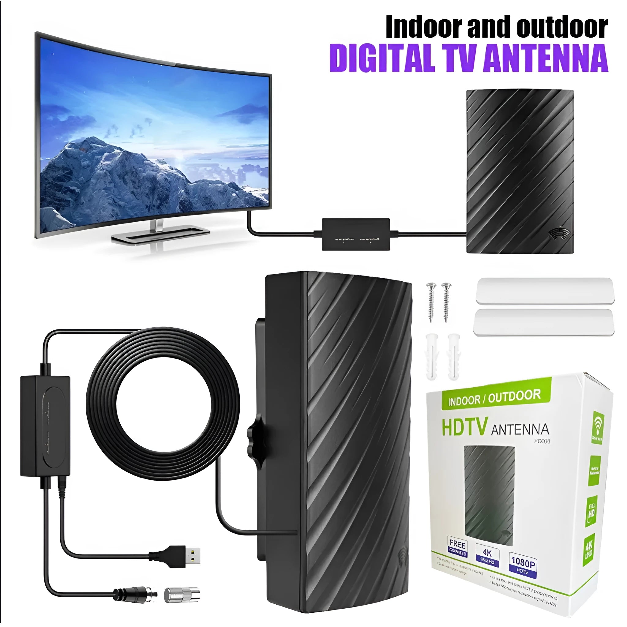 Black plastic digital television antenna with mounting accessories for home HD reception