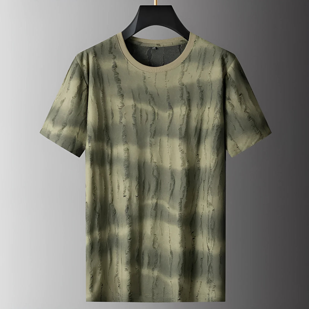 Men's grey plus size loose fit t-shirt on a hanger, showing short sleeves and round neck.