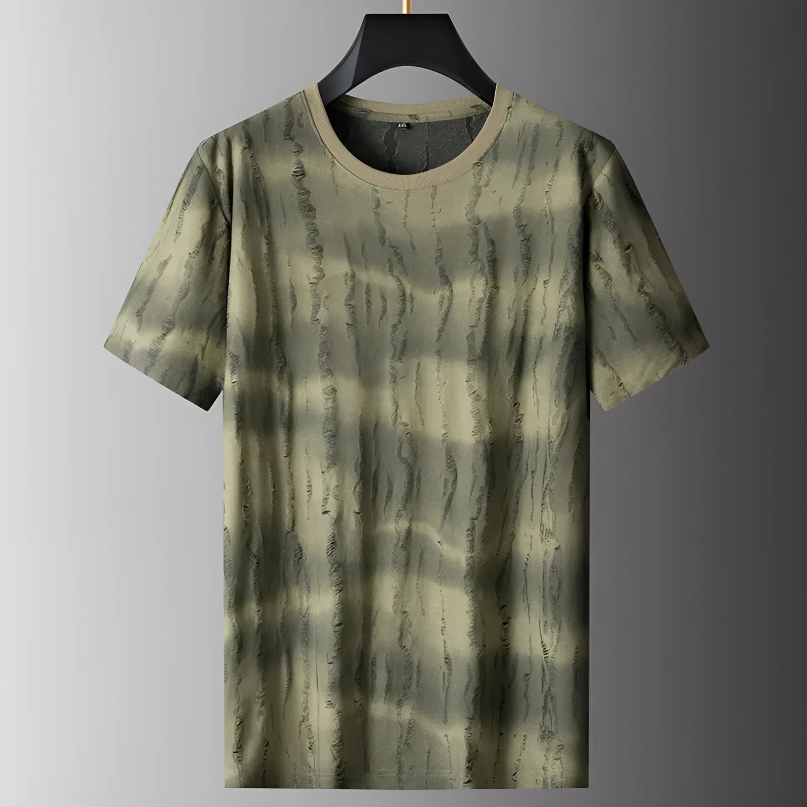 Men's grey plus size loose fit t-shirt on a hanger, showing short sleeves and round neck.