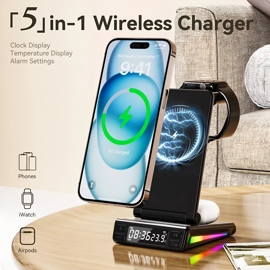 Five-in-one folding wireless charger with PD charging, magnetic charging, digital display, 2A output, white or black