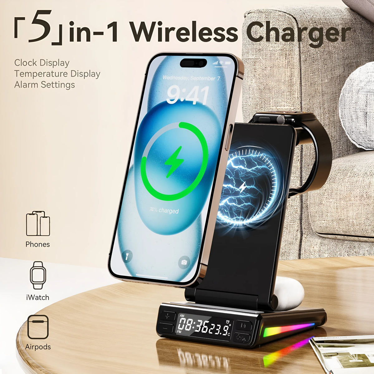 Five-in-one folding wireless charger with PD charging, magnetic charging, digital display, 2A output, white or black
