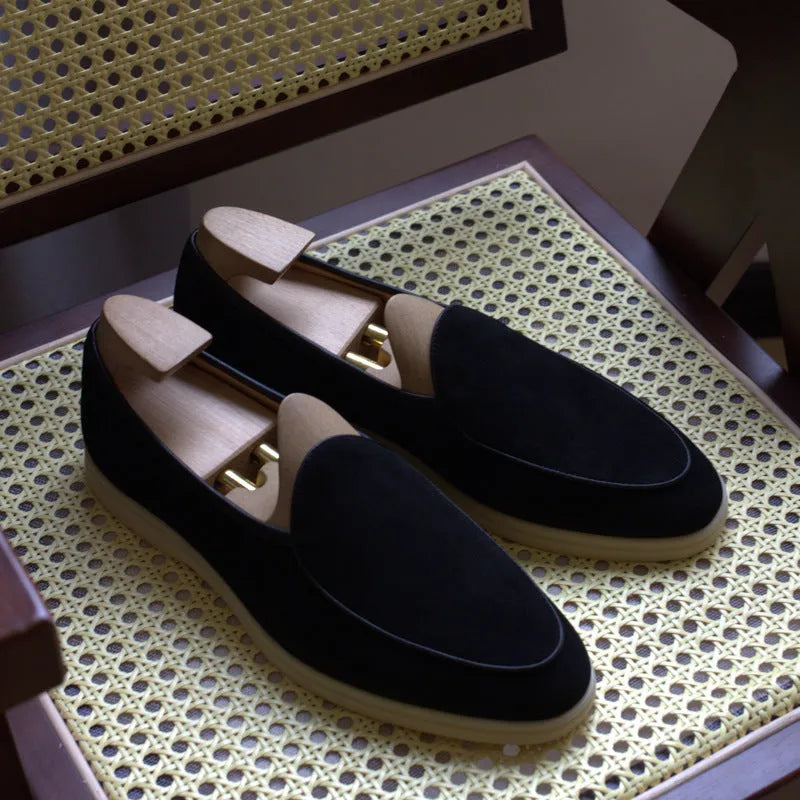 Men's handmade leather loafers in brown with a low tube design and TPR sole