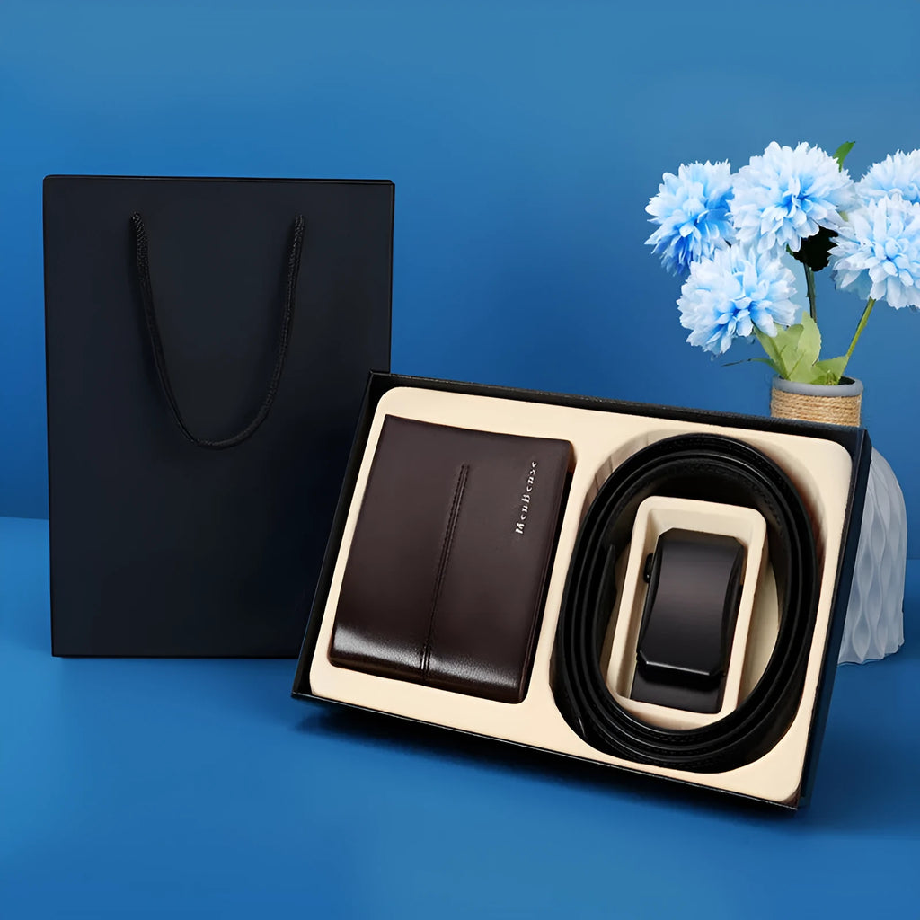 Men's genuine leather belt and wallet gift set with electroplated alloy automatic buckle in black black or black brown
