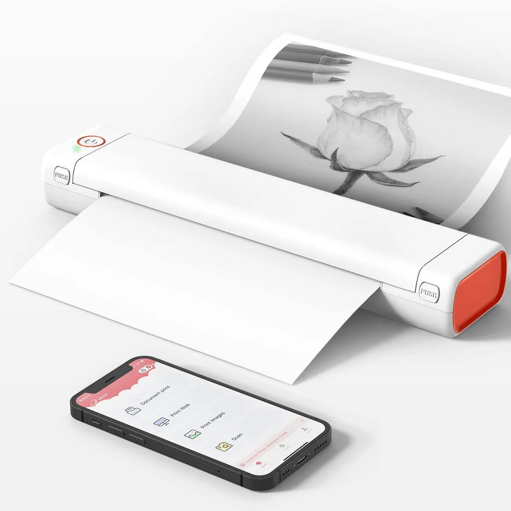 Phomemo M08F white A4 portable thermal printer with USB cable on a wooden desk