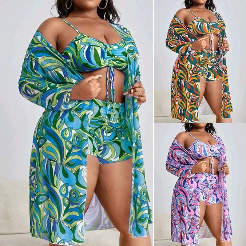 Women's floral print polyester bikini set with bra, briefs, and cardigan.