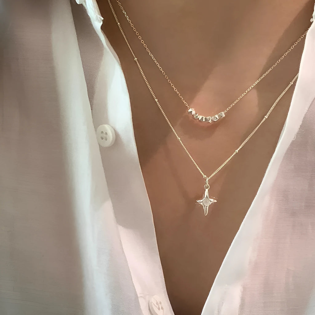 Double layer stainless steel necklace with opal cross pendant for women, colour XL3329