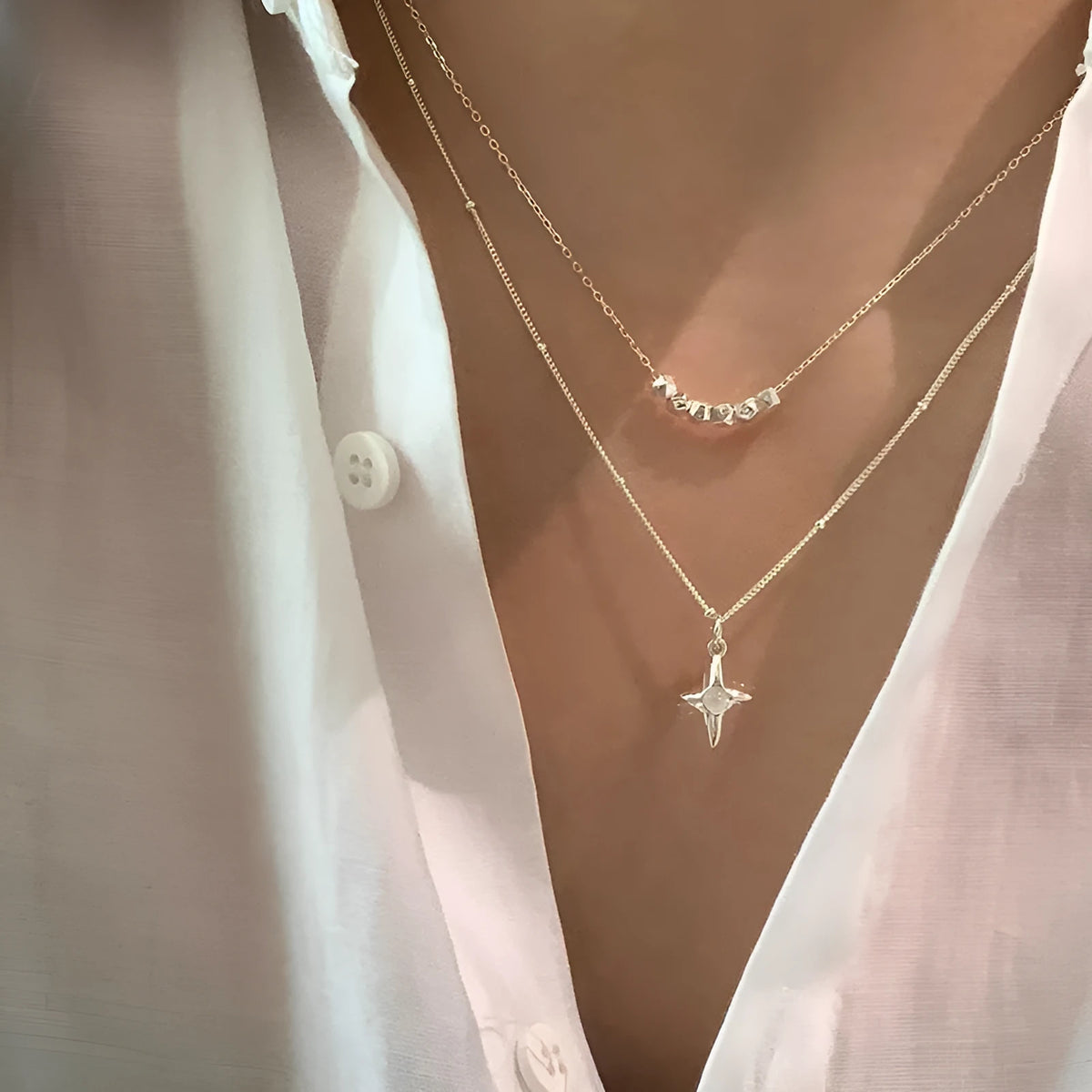 Double layer stainless steel necklace with opal cross pendant for women, colour XL3329