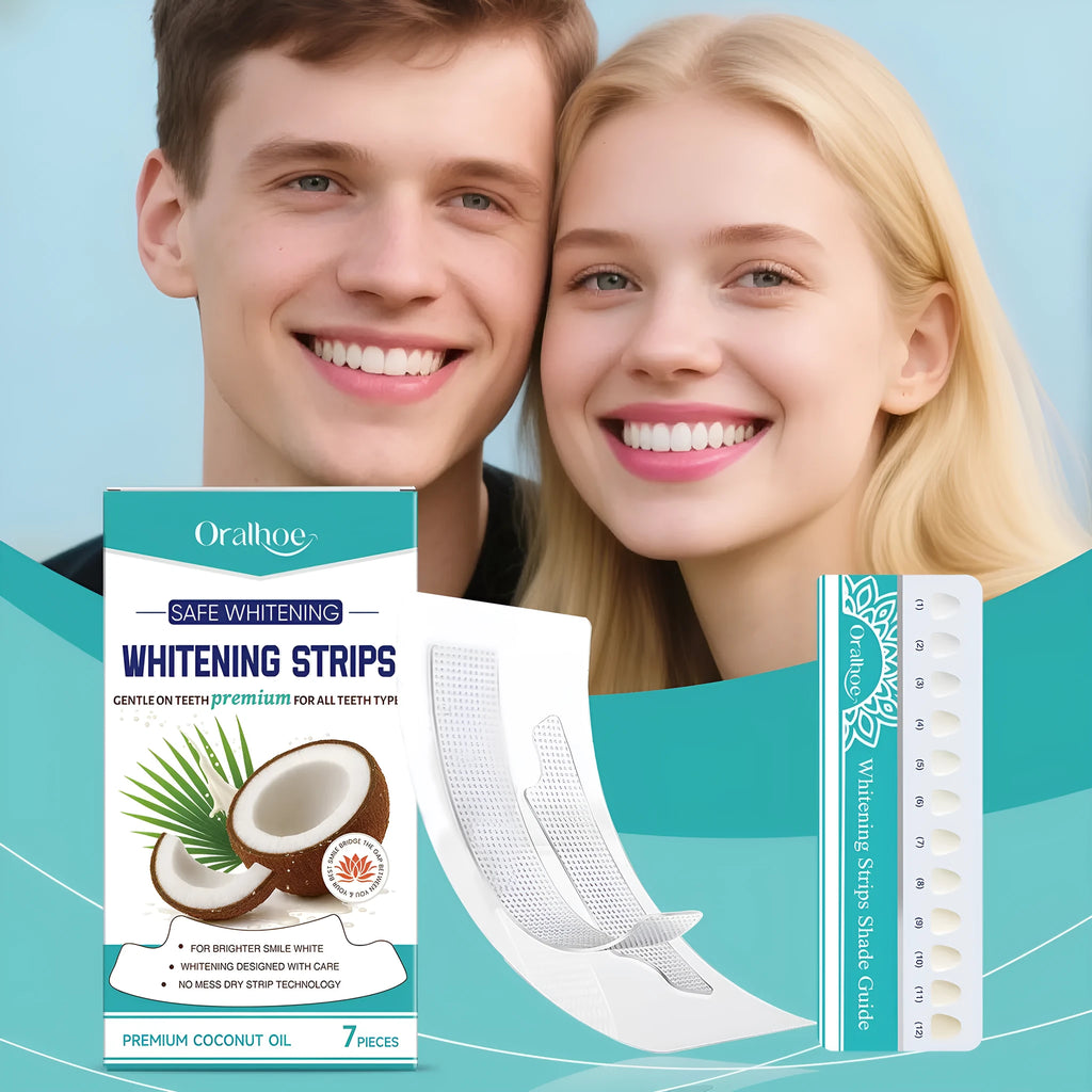 Gear rack teeth whitening strips set with 7-teeth colourimetric card for mild cleaning and natural luster