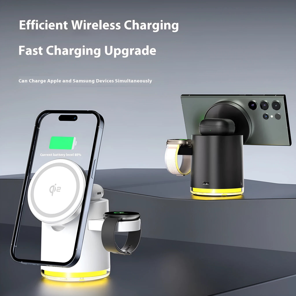 C16 magnetic three-in-one wireless folding charger in Black showing iPhone, Apple Watch, and earbuds charging simultaneously