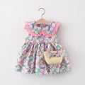 Baby girl summer cotton dress with flower print and lace, in green, pink, yellow; includes messenger bag