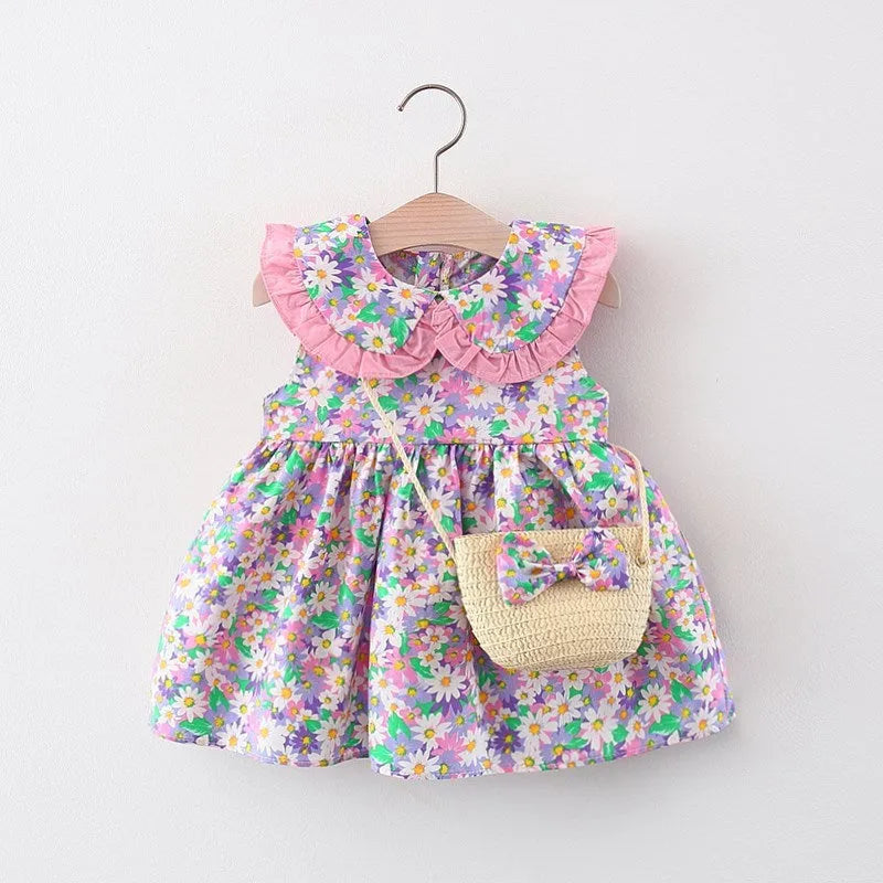 Baby girl summer cotton dress with flower print and lace, in green, pink, yellow; includes messenger bag