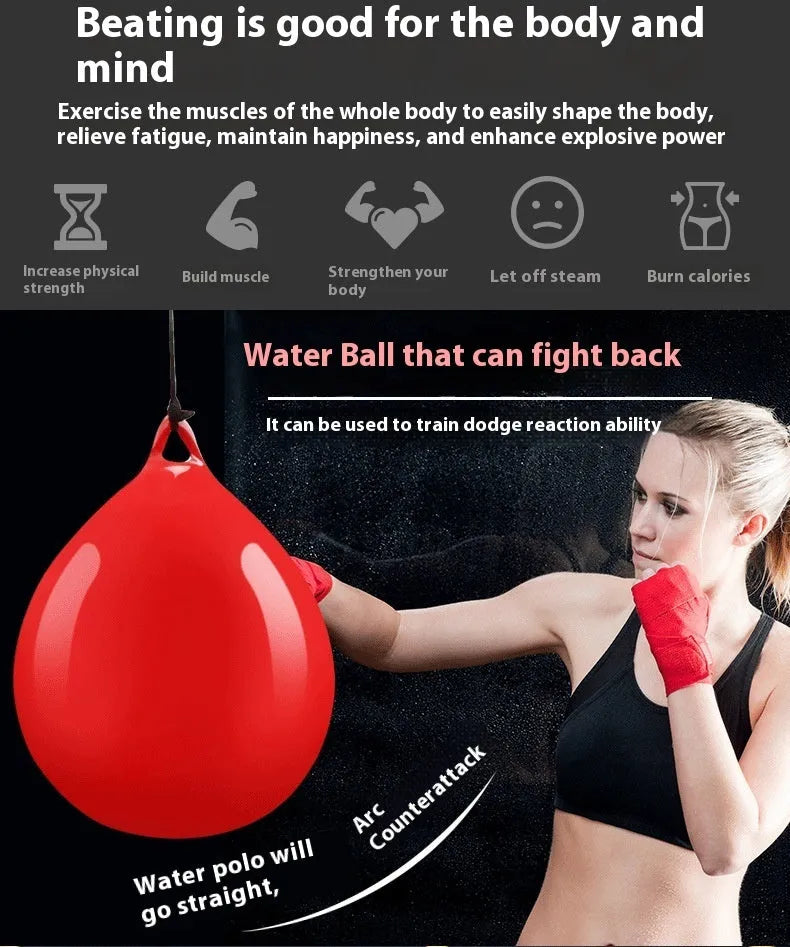 Red water-filled PVC boxing reaction ball with hook rope attachment for martial arts training