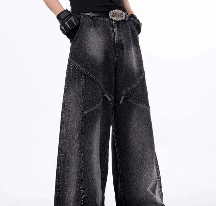 Korean style washed denim two-piece set with wide leg pants and matching waistcoat in black and grey