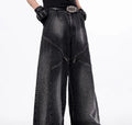 Korean style washed denim two-piece set with wide leg pants and matching waistcoat in black and grey