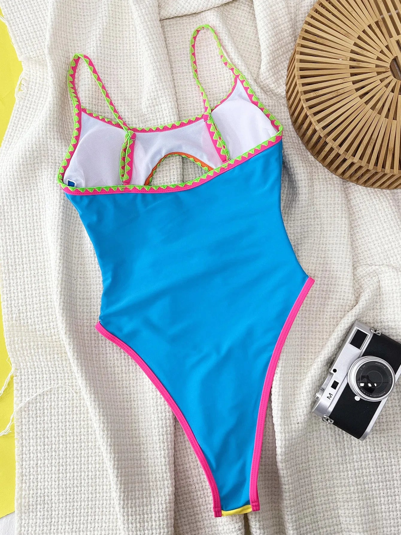 Women's blue contrast colour hollow strap one-piece nylon swimsuit for swimming
