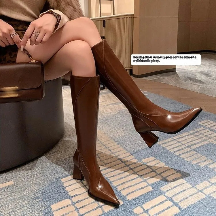 Retro Maillard cowhide riding boots in black, brown, or wine red with waterproof platform and high sock design