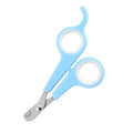 Mini pet nail clippers in plastic, blue white colour, on a light background