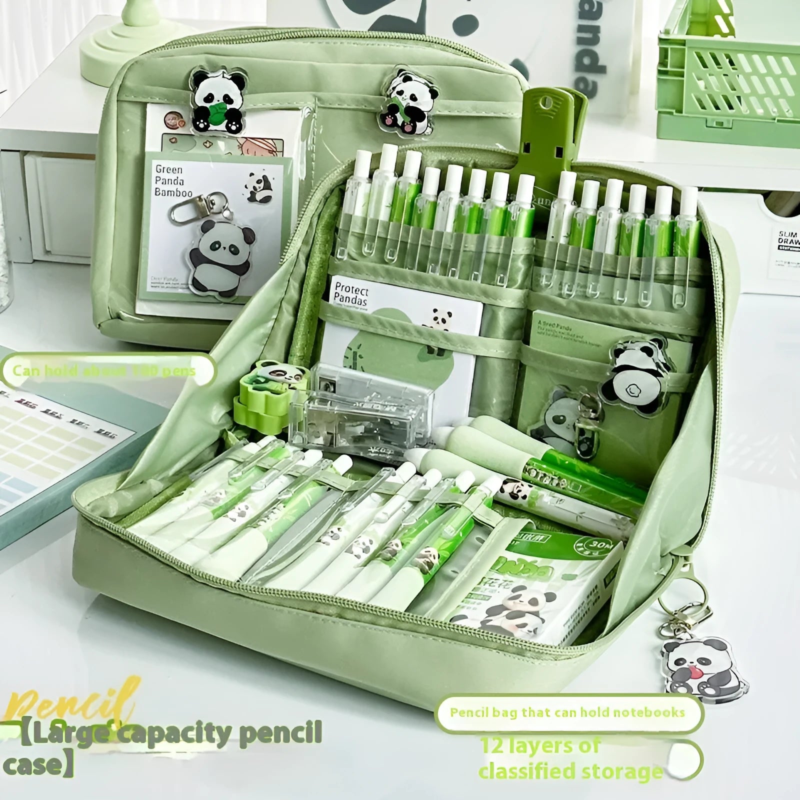 Green canvas 12 layer panda pencil case with Korean style design, open to show multiple compartments.