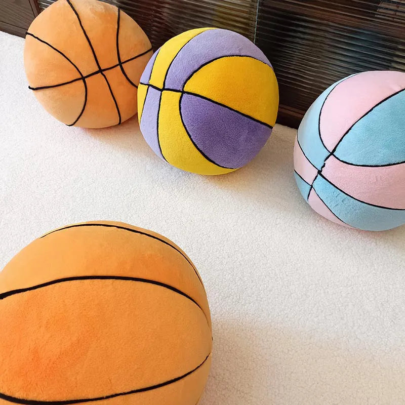 Soft spherical basketball plush toy in orange with black lines, 28cm tall, on a light background