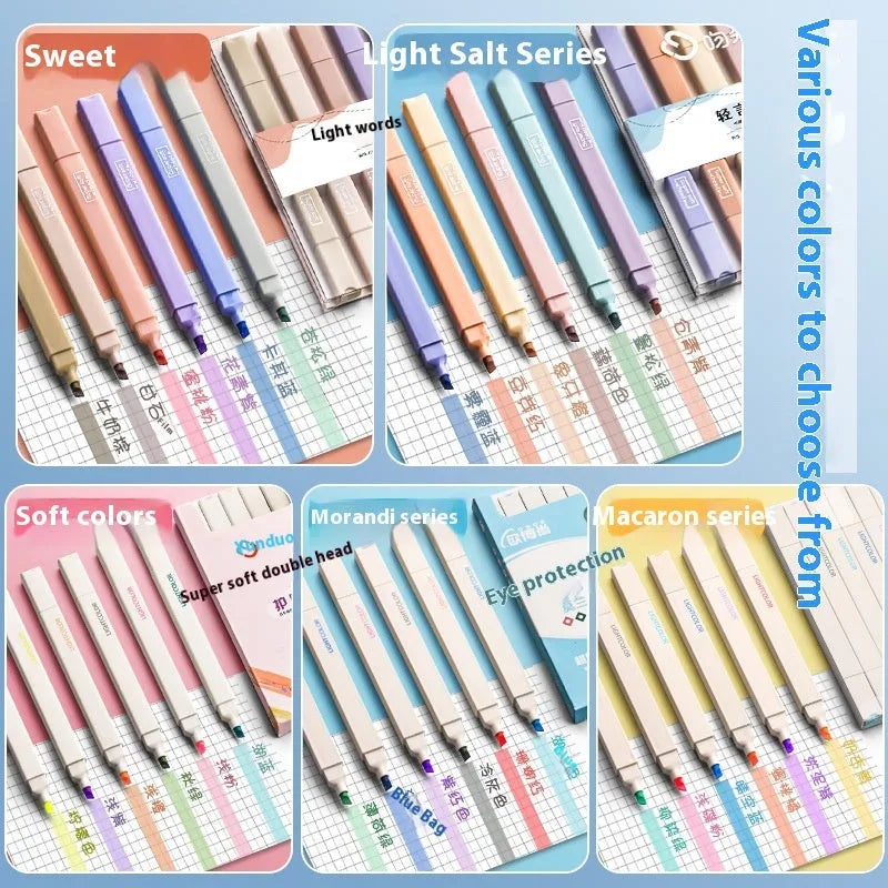 Set of double-headed fluorescent marking pens showing both highlighting and writing tips in mixed colours