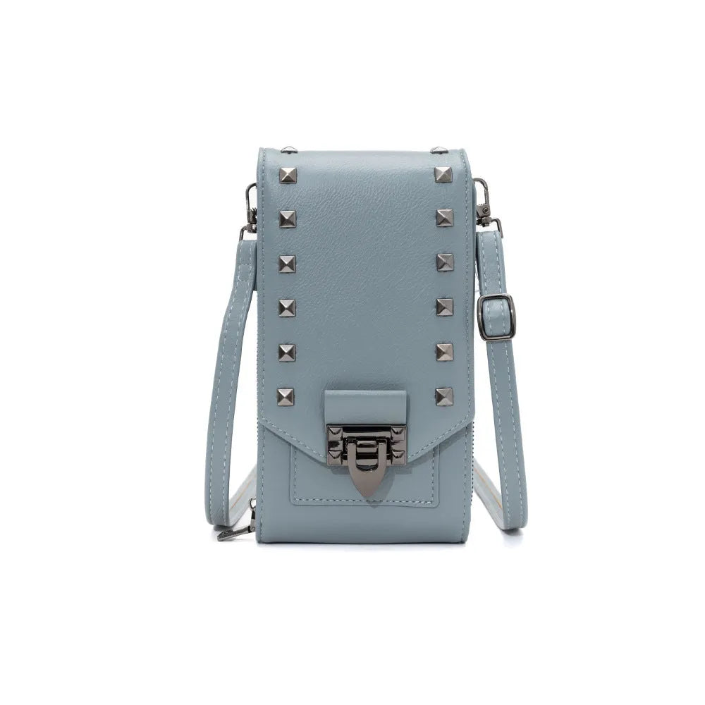 Rivet design crossbody bag for women in solid colour PU leather with card slot and cover closure