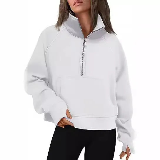 Women's loose lapel fleece-lined sweater in a solid colour showing raglan sleeve design