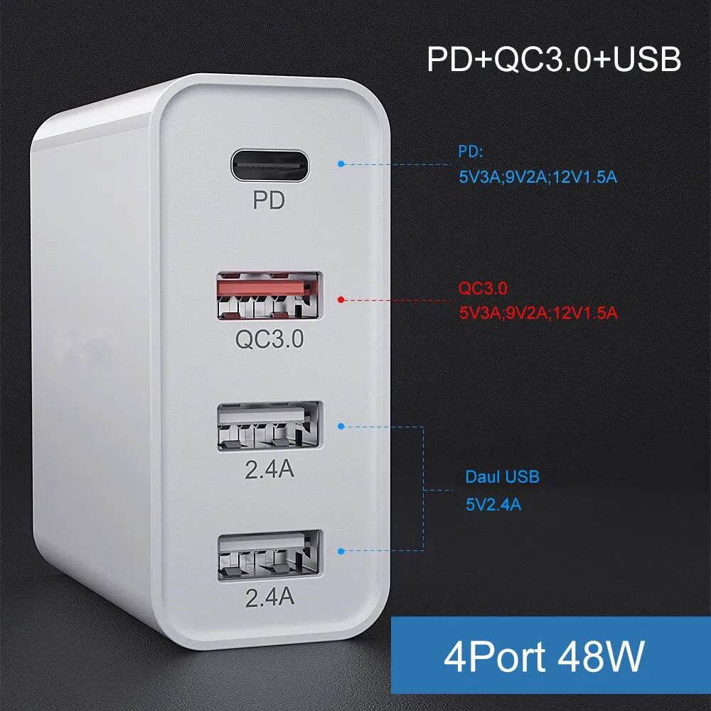 White multi-port fast charge wall charger with international plug options on a desk