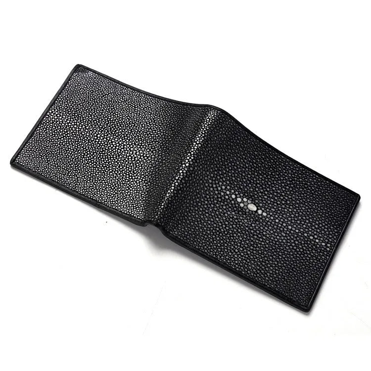 Genuine pearl fishskin leather wallet with horizontal square shape and visible sewing thread detailing