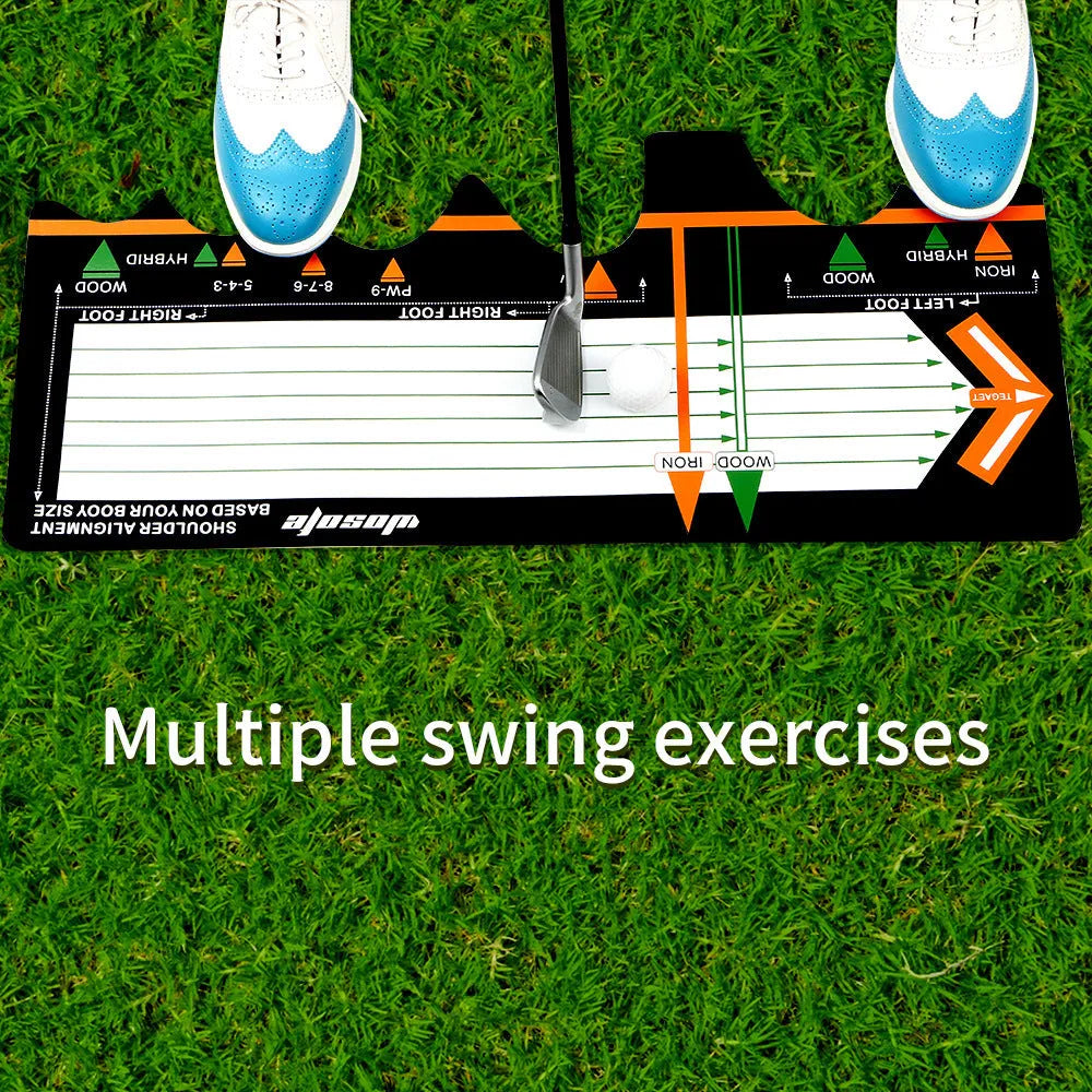 Black neoprene golf swing posture training pad on grass for stance alignment correction.