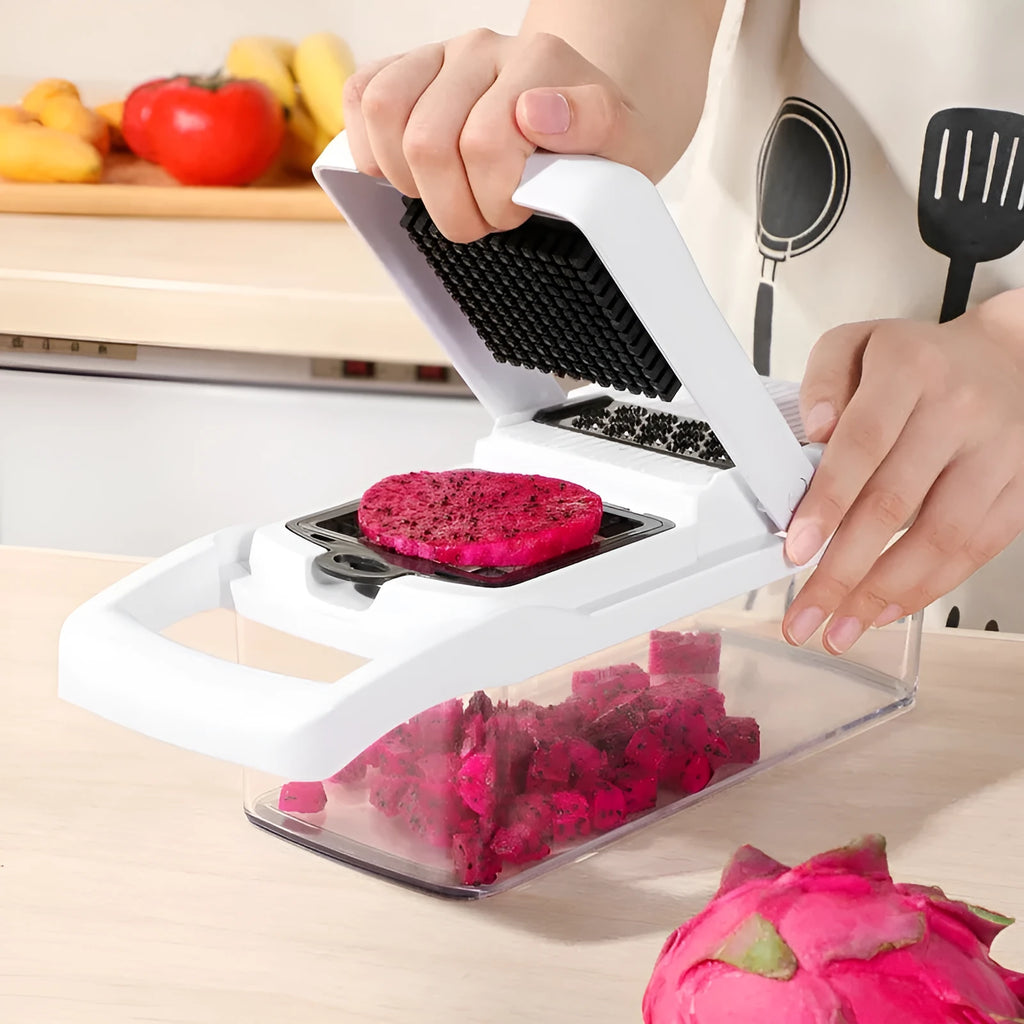 Multipurpose plastic vegetable cutter with 7 blades, drain basket, and hand guard in black colour