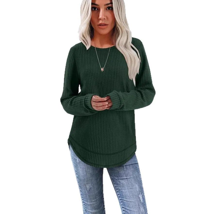 Waffle loose round neck high low curved hem pullover top in solid colour with plaid pattern