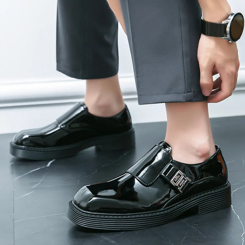 Men's glossy black PU leather slip-on loafers with a low platform heel for summer.