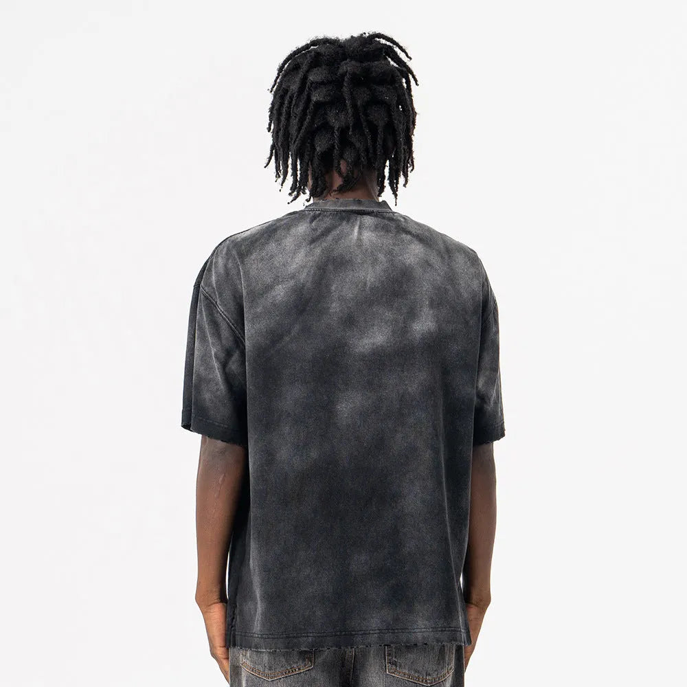 Black men's loose fit cotton T-shirt with printed letter pattern and drop-shoulder short sleeves