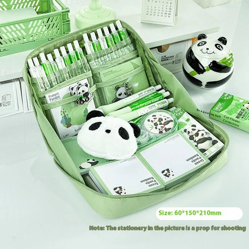 Green canvas 12 layer panda pencil case with Korean style design, open to show multiple compartments.