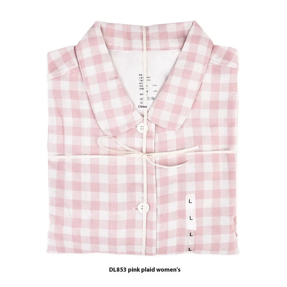 Double-layer cotton yarn pajama set in plaid design for men and women, includes top and trousers in multiple colours