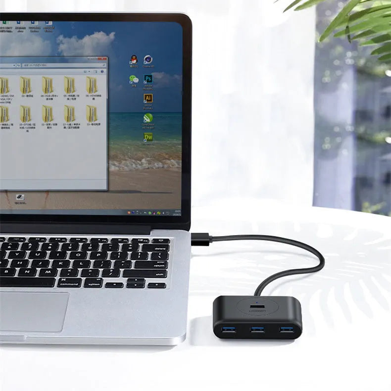 USB hub splitter 4-port ABS plastic Deep Black with indicator lights and Micro USB power port