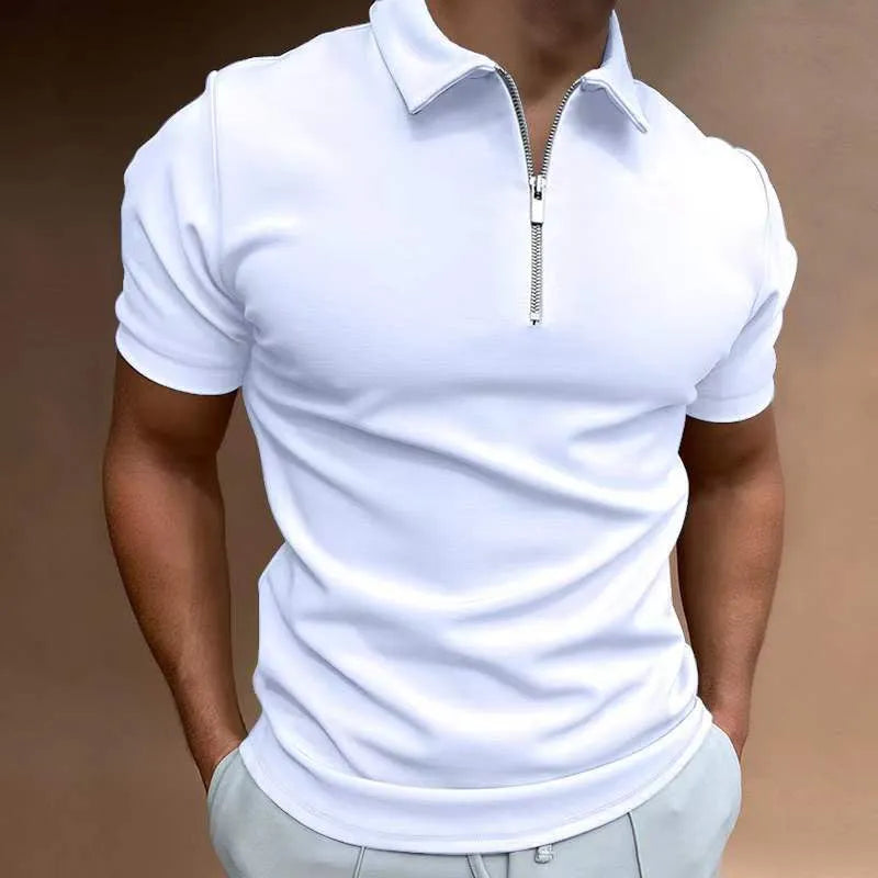 Man wearing a short sleeve digital print polo shirt in a casual setting.