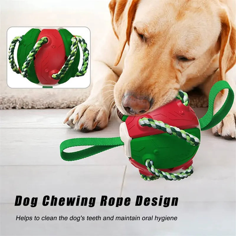 Interactive dog football soccer ball with tabs in blue and yellow, flattened into a frisbee shape with cotton rope around edge