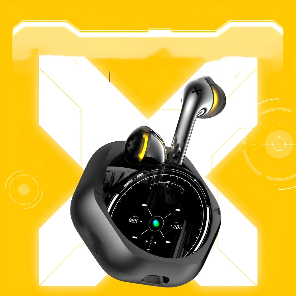 Black wireless semi-in-ear TWS earbuds in charging case with Type-C and wireless charging support