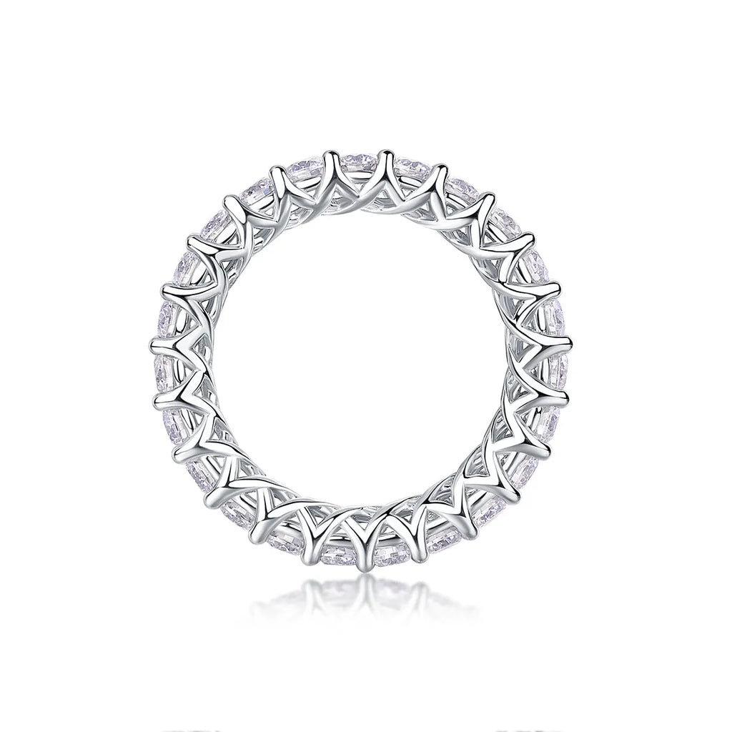 Rose moissanite wedding ring in platinum-plated S925 silver, on display with GRA certificate and gift box