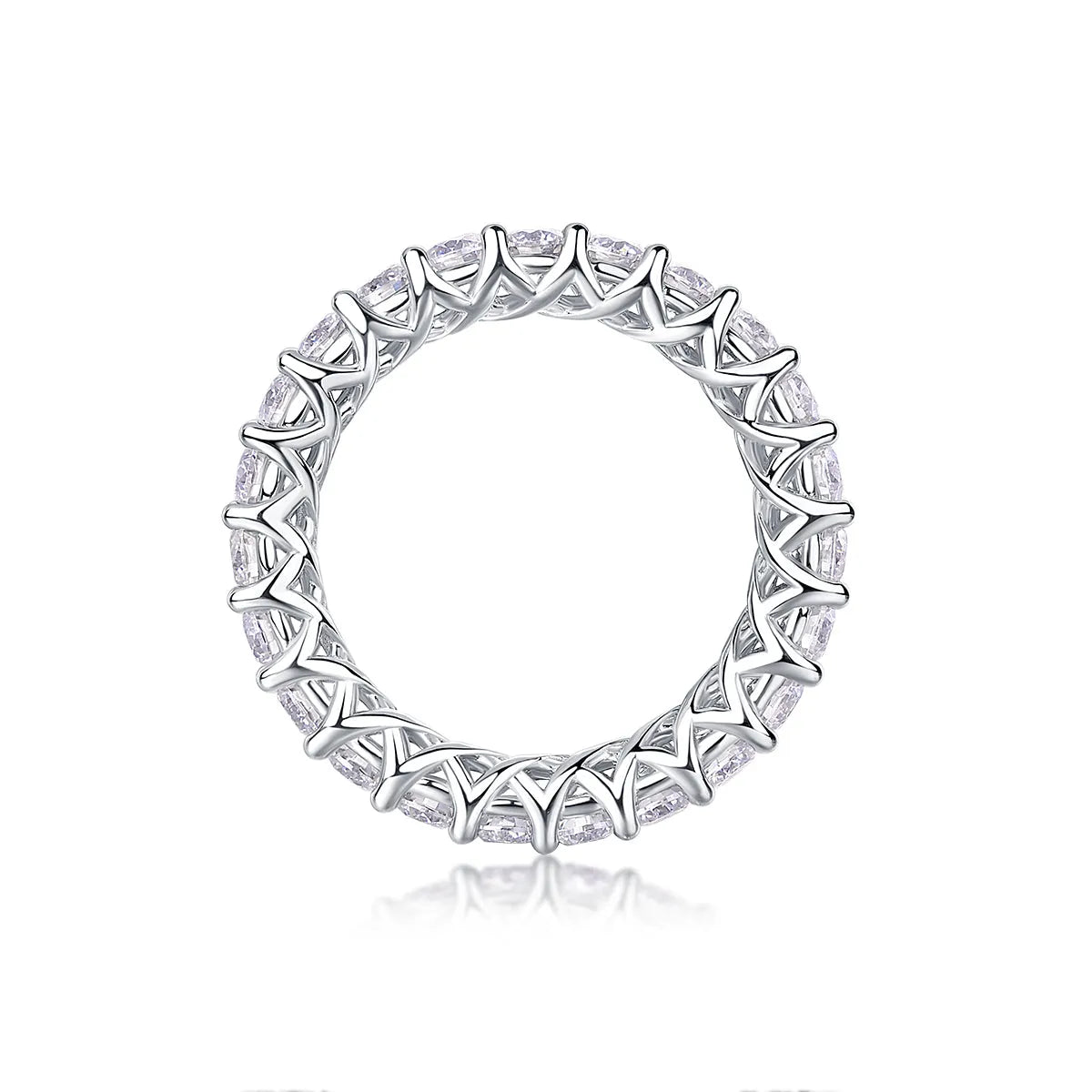Rose moissanite wedding ring in platinum-plated S925 silver, on display with GRA certificate and gift box