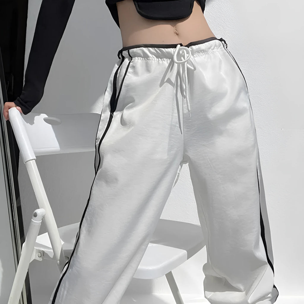 Women's ribbon parallel bars contrast colour loose straight draping trousers in white or navy blue