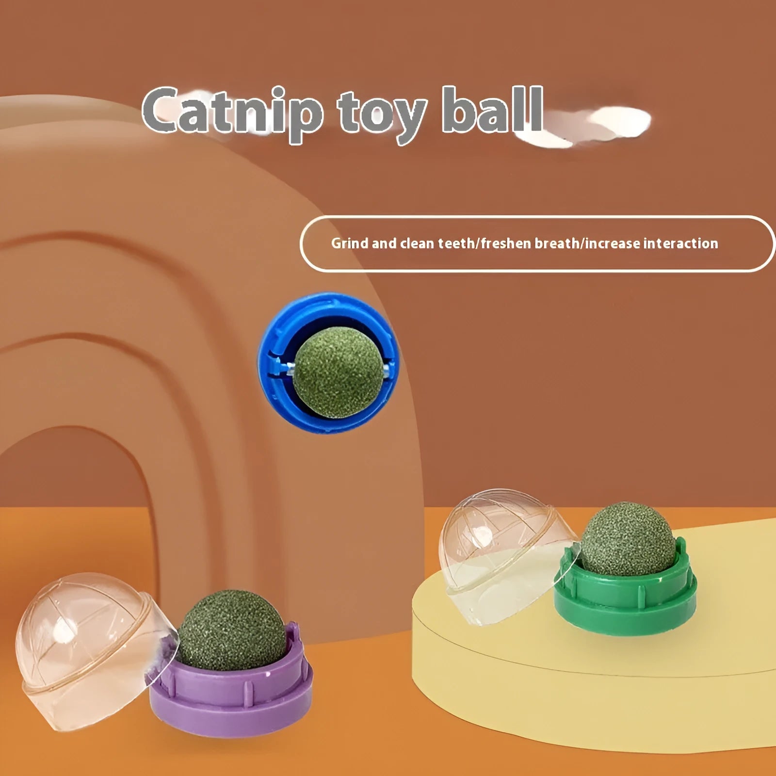 Colourful plastic catnip ball chew toy for dental care on a white background.