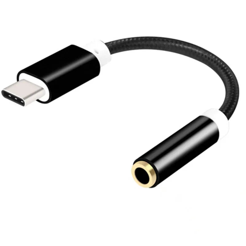 Weaving Type-C to 3.5mm headphone adapter cable in metallic colours with nylon braid.