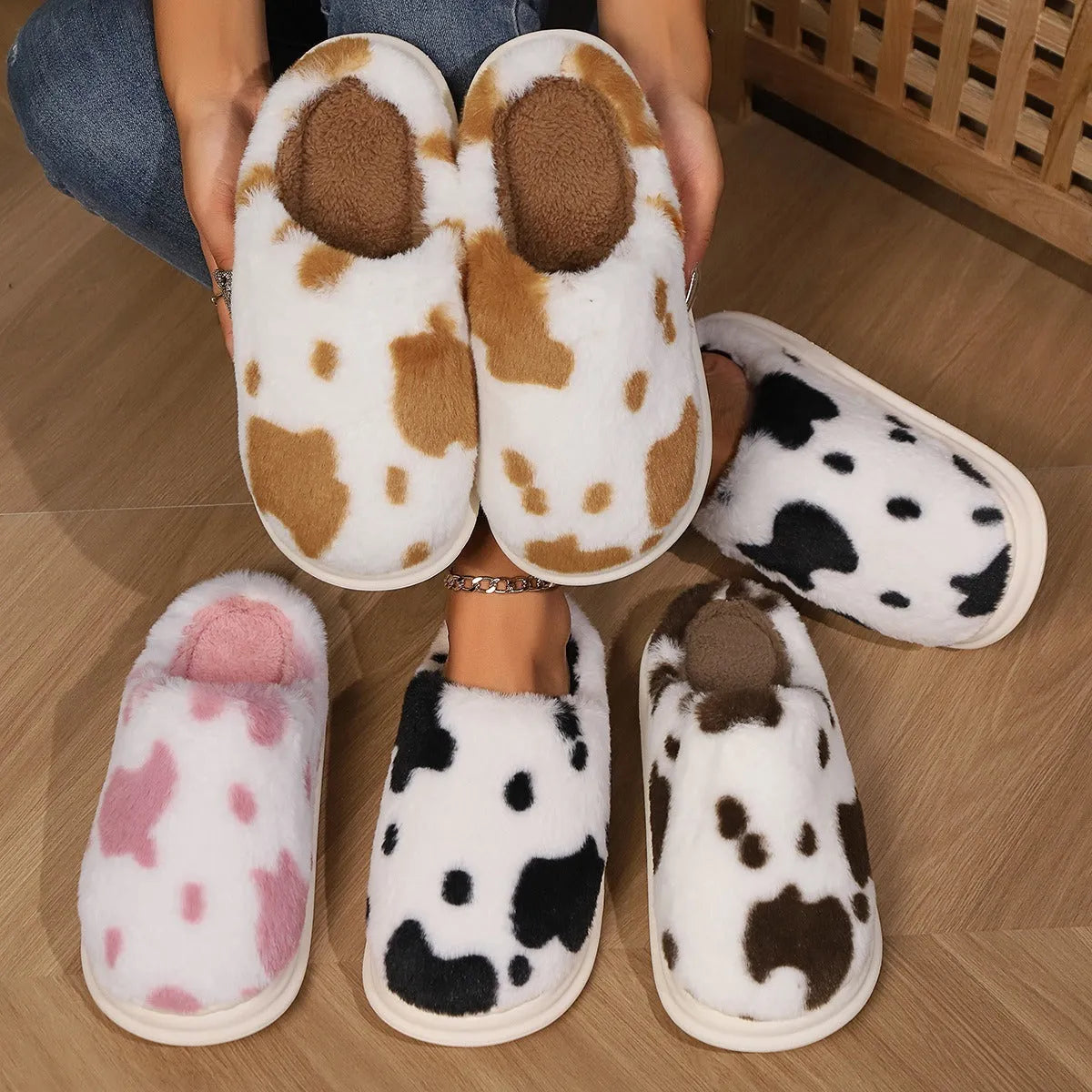 Cow spotted plush slippers in brown with non-slip sole winter indoor footwear