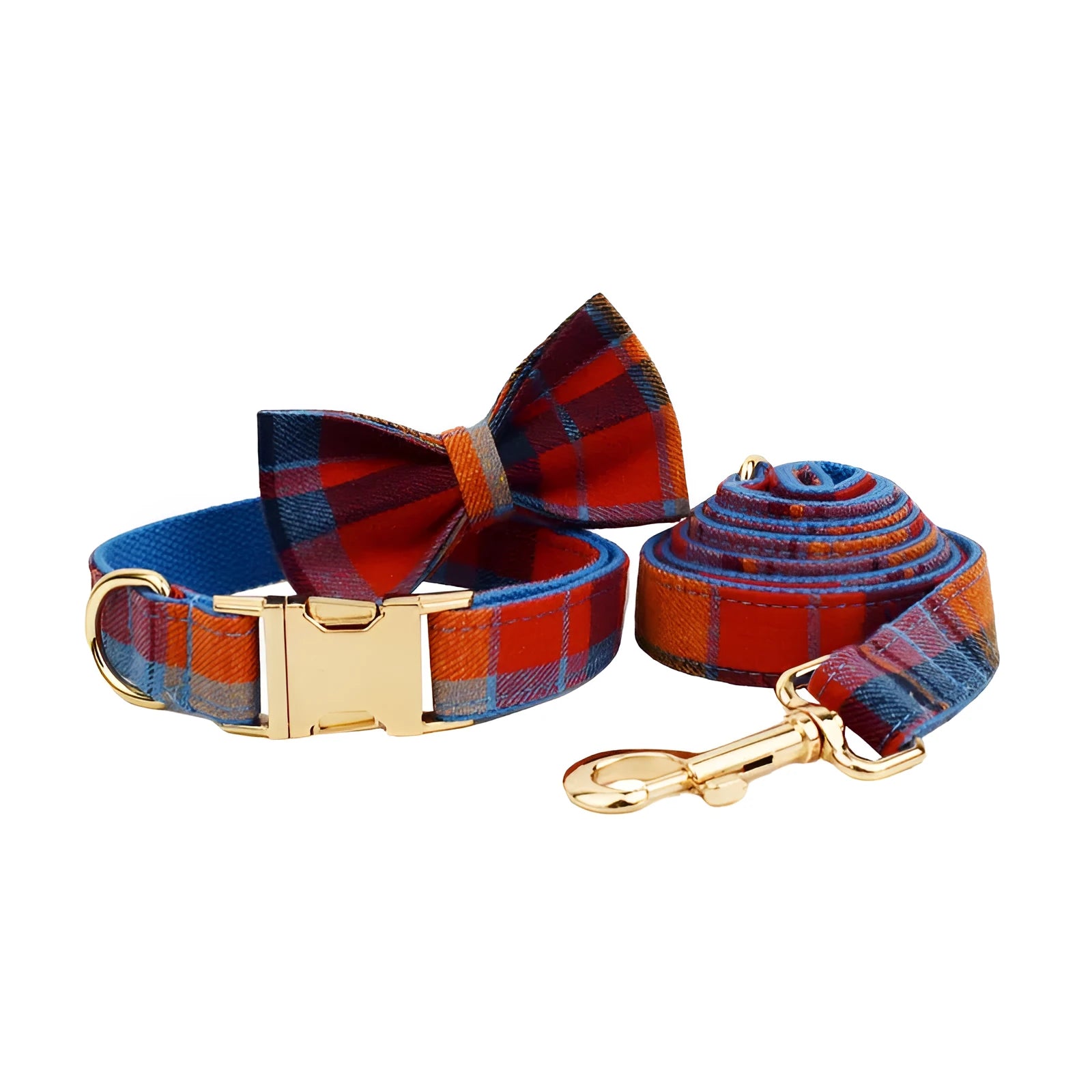 Blue velvet plaid patterned dog collar and matching lead set with an optional decorative bow.