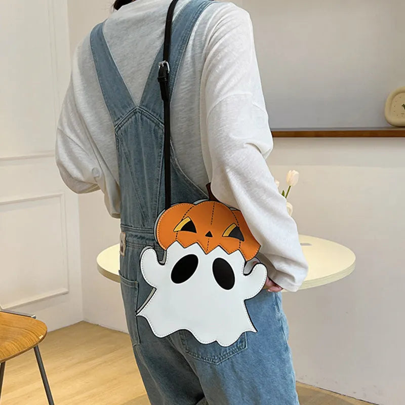 Halloween White PU crossbody shoulder bag with 3D cartoon pumpkin and ghost design for women