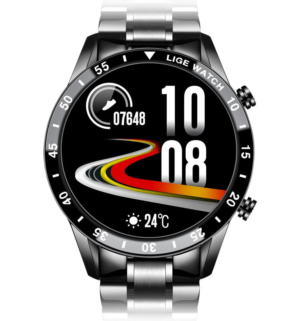Smart watch with stainless steel wristband and 1.3-inch touch screen displaying step count