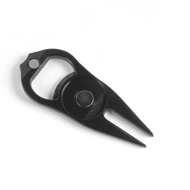 Zinc alloy metal golf ball fork and bottle opener tool in black, green, and silver colour options.
