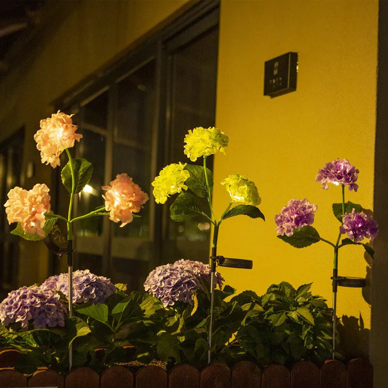 Solar hydrangea garden light in chosen colour with rubber construction and floor outlet design